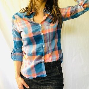 Pastel plaid cotton button down long sleeve size xs blue orange pink